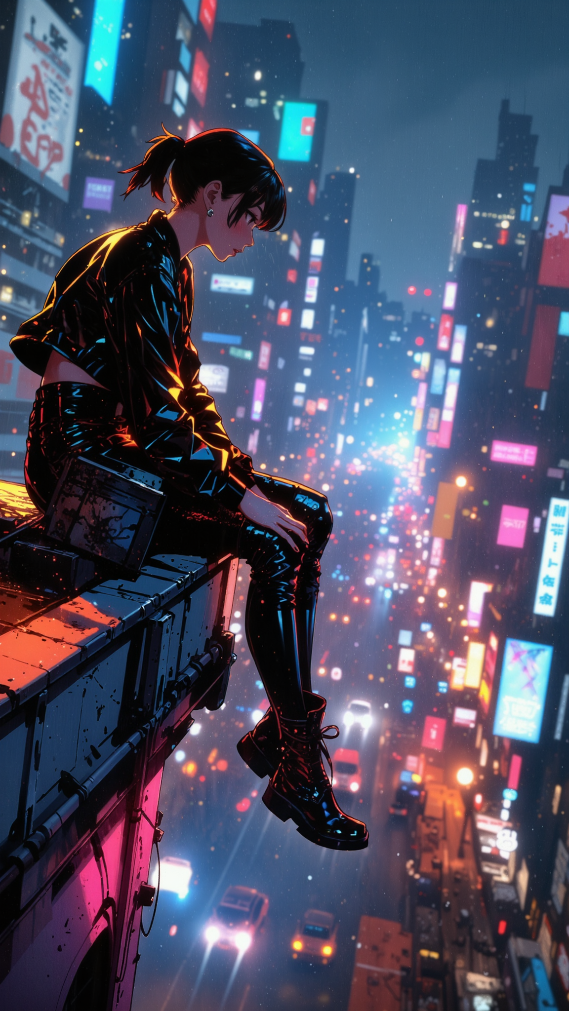 Niji_anime, High-resolution anime-style illustration with bold painterly textures, vibrant metallic colors in the environment, and dynamic neon lighting. A young woman sits on the edge of a rooftop in side profile, overlooking a sprawling cyberpunk cityscape pulsing with electric blues, fiery oranges, and deep magentas. Her jet-black hair is styled into sleek, high twin ponytails, loose strands catching the cool night breeze. She wears a cropped, glossy bomber jacket over a form-fitting bodysuit, her knee-high boots reflecting the distant glow of holographic billboards. One leg is bent, the other dangling freely over the rooftopâs edge, her arms resting casually on her knee as she gazes into the distance with a calm, focused expression. Traffic streaks through the rain-slicked streets below, the hum of distant aircars blending with the flickering buzz of neon signs. A cool mist rises between the buildings, softening the harsh city lights, creating a cinematic, moody atmosphere with soft painterly gradients and crisp urban details.   <lora:Anime_Art_V3:0.7000000000000001> <lora:Evangelion_Post-impact_Apocalyptic_Style_Flux.1_D_by_AutoPastel-000019:0.9> <lora:Niji_anime_style_flux:0.6>