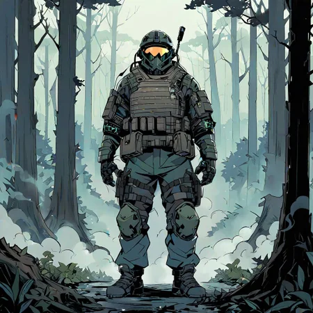 high-definition 8k comics artwork in dgst art style of an special forces soldier wearing tactical armor standing in a thick forest with fog, full body.