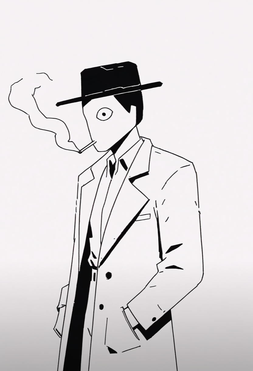 score_9, score_8_up, score_8,    <lora:Request_The_Wolf_Style_SIAMÉS_for_PonyXL:1> w0lfstyl3, monochrome, greyscale, 1bot, fedora, trench coat, smoking,