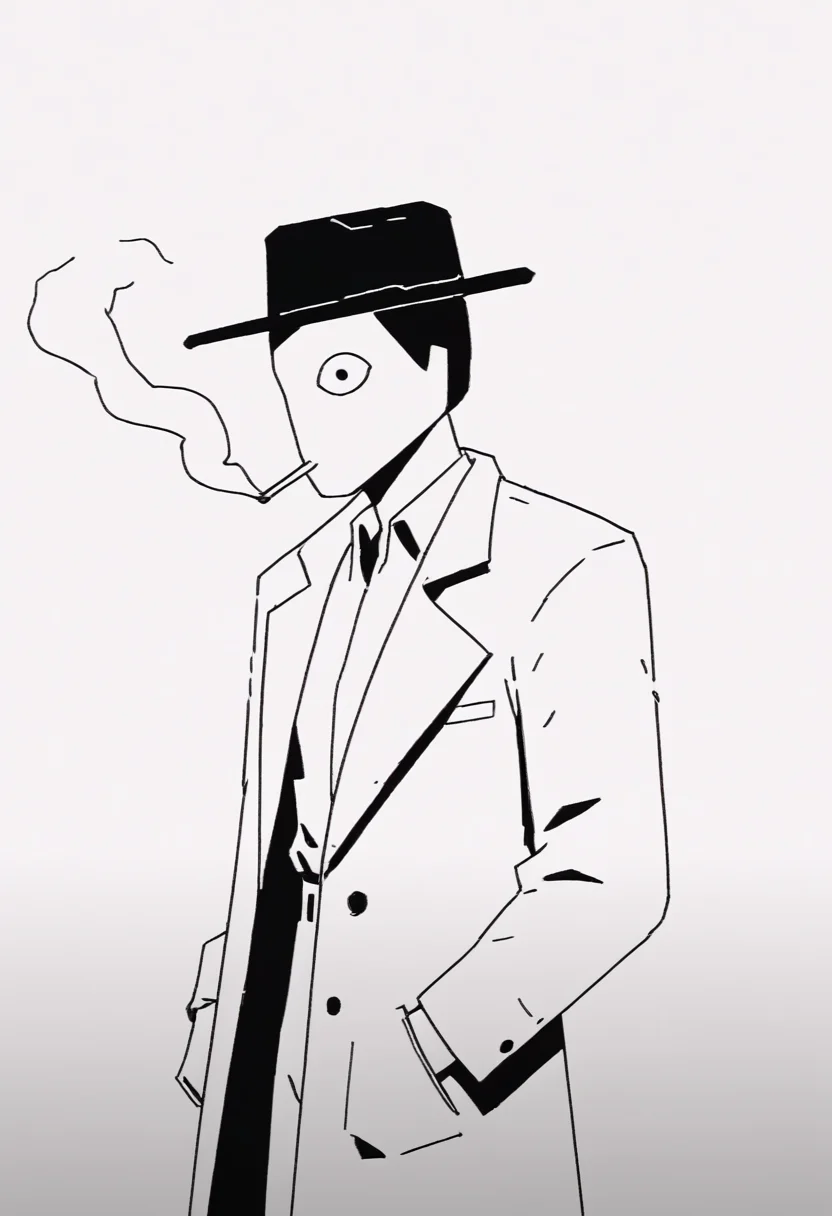 score_9, score_8_up, score_8, <lora:Request_The_Wolf_Style_SIAMÉS_for_PonyXL:1> w0lfstyl3, monochrome, greyscale, 1bot, fedora, trench coat, smoking,