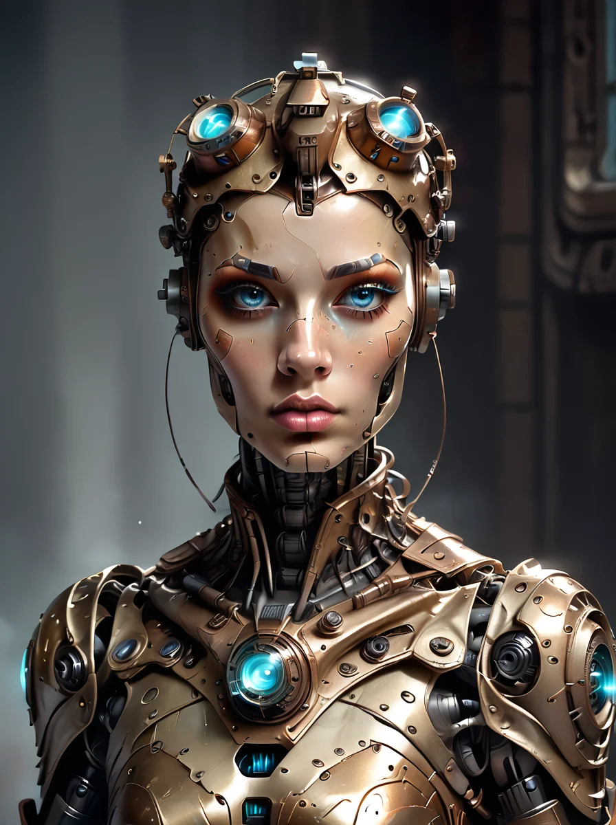 score_9, score_8_up, score_7_up,BREAK overalldetail, <lora:steampunk:0.8>,
steampunk,automaton,, 1girl, solo, science fiction, realistic, blue eyes, lips, looking at viewer, armor, robot, upper body,