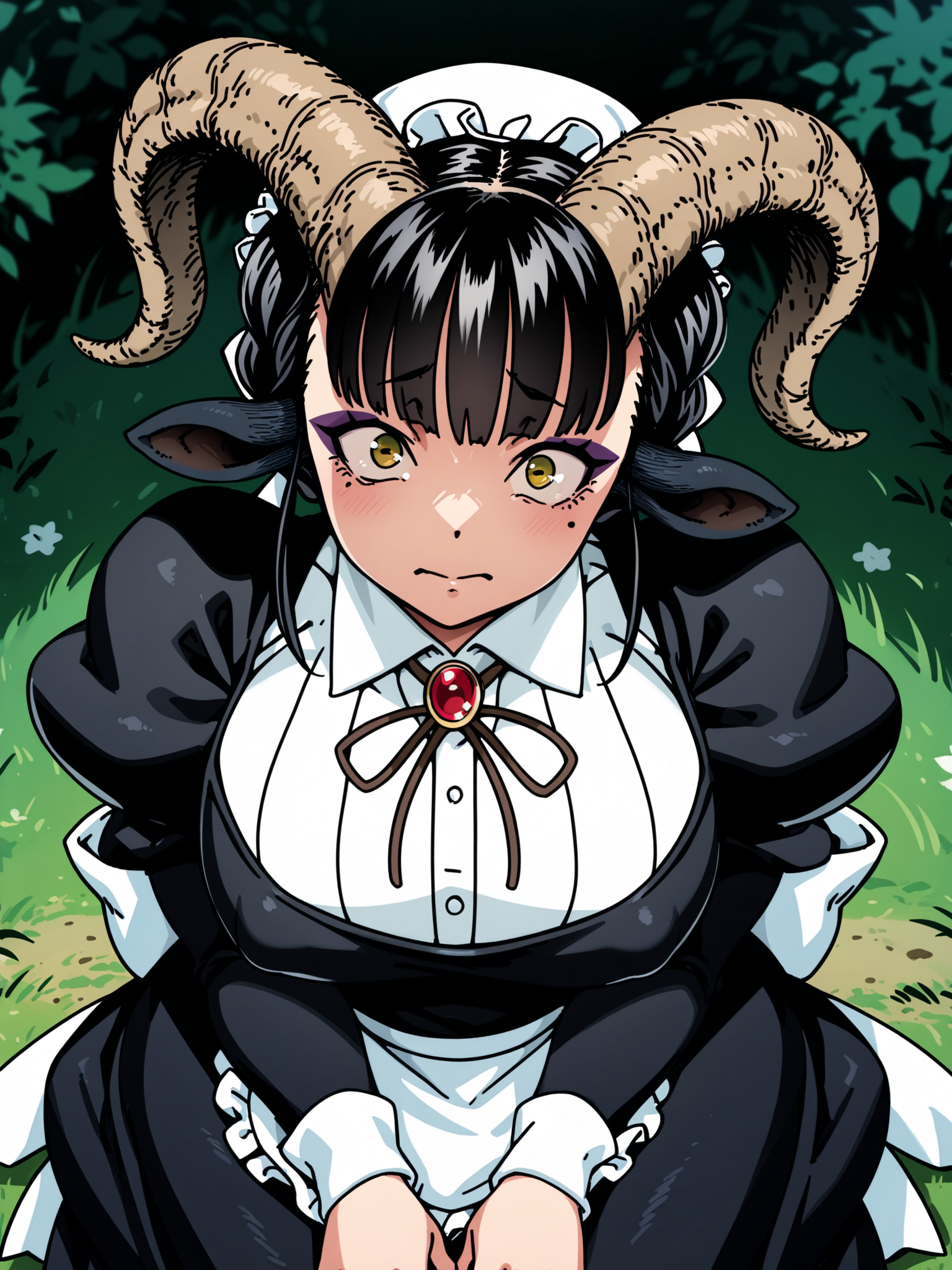 <lora:happy_tentacle-maya-v0.6-000026:0.9>, ht_maya, satyr, goat girl, goat horns, goat tail, hooves, yellow eyes, eyeshadow, maid, apron, mob cap, collared shirt, long sleeves, puffy sleeves, juliet sleeves, brooch, outdoors , 1girl, solo, upper body , , (scared :1.2), , looking at viewer , sitting , facing viewer , score_9, score_8_up, score_7_up, score_6_up, score_5_up, score_4_up