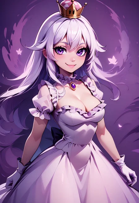 score_9, score_8_up, score_8, big breasts, cleavage (curvy), sexy, eyelashes,
BREAK,
zzBoosette, 1girl, long hair, white hair, long white dress, ballroom dress, white gloves,
looking at viewer, smile, blush,
zzLFashion, frilled dress, frills, bow, dress, sweetL,
zPDXL,
narrow waist,
abstract background, purple theme, ghosts,