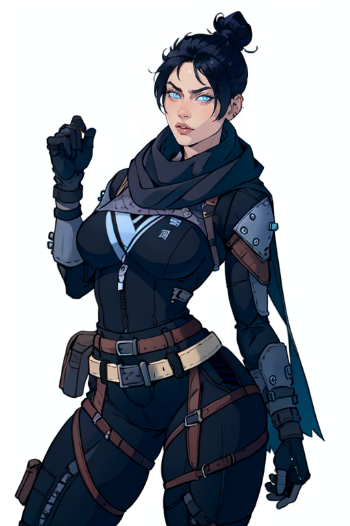masterpiece,best quality,extreme detail,8k,white background,<lora:wraith:0.7>,wraith,1girl,solo,breasts,looking at viewer,bangs,blue eyes,black hair,gloves,medium breasts,belt,hair bun,scarf,parted bangs,bodysuit,thigh strap,single hair bun,clenched hand,realistic,black bodysuit,brown belt,open hand,black scarf,grey gloves,nose piercing,wide hips,