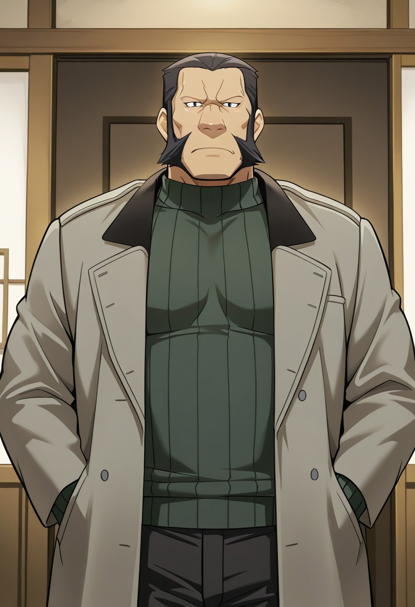 masterpiece, best quality, Masterpiece, high quality, detailed, 1boy, DariusFMA, broad shoulders, mature male, black eyes, muscular male, athletic build, black hair, humanoid, chimera, sideburns, facial hair, tan skin, green sweater, looking at viewer, half body, indoors, black pants, gray jacket