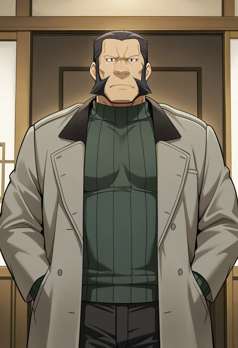 masterpiece, best quality, Masterpiece, high quality, detailed, 1boy, DariusFMA, broad shoulders, mature male, black eyes, muscular male, athletic build, black hair, humanoid, chimera, sideburns, facial hair, tan skin, green sweater, looking at viewer, half body, indoors, black pants, gray jacket