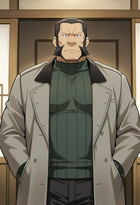 masterpiece, best quality, Masterpiece, high quality, detailed, 1boy, DariusFMA, broad shoulders, mature male, black eyes, muscular male, athletic build, black hair, humanoid, chimera, sideburns, facial hair, tan skin, green sweater, looking at viewer, half body, indoors, black pants, gray jacket
