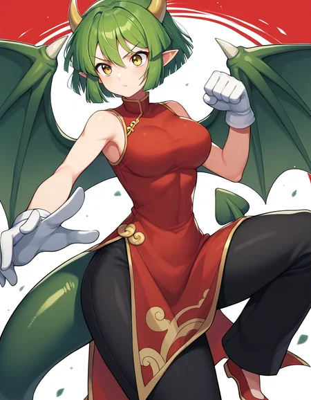 <lora:Pdraco_SDXL_pony_fp16_v01:1>,PdoracoG, 1girl,green hair,green dragon wings,dragon tail,yellow eyes,large breasts,green hair,short hair,red china dress, white gloves, black pants, fighting stance, kung fu,, score_9, score_8_up, score_7_up, BREAK source_anime, rating_explicit, best quality, masterpiece, uncensored, [pony diffusion V6 is trained by PurpleSmartAI:100]