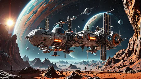a space station orbiting an alien planet, high quality,8 k, masterpiece, vivid colors, dramatic lighting <lora:addMoreDetails:1> Ultra details++,add more details