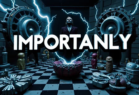 the words 'IMPORTANTLY' written in large font fills the front of frame. In the back of frame weird man with in a dark room with checkerboard blue lotus PEOPLE ARE trapped inside machinery, people crushed inside mechanical gears, high gore arms crushed and bent, signs of wailing, people in business suits trapped in machinery. floors with blood on the ground with a white interior cyber tech electricity electical circuits illuminati symbols with brains and vaginas with high technology alchemical background lightning bolts