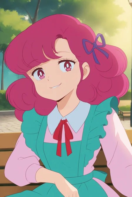 <lora:Ran V2.1:0.8> Ran, pink eyes, curly hair, pink hair, bangs, retro artstyle, 1980s (style), ApronDress, aqua apron, collared dress, maid apron, ribbon, hair ribbon, 
evil smile, yokozuwari, portrait, looking at viewer, (1girl:2, solo:2), 
masterpiece, best quality, very aesthetic, absurdres, amazing quality masterpiece, hyper-detailed, (8k uhd::1.4), intense atmosphere, detailed clothing, dramatic lighting, (perfect hands), detailed face, 
park, park bench, tree, stone walkway,