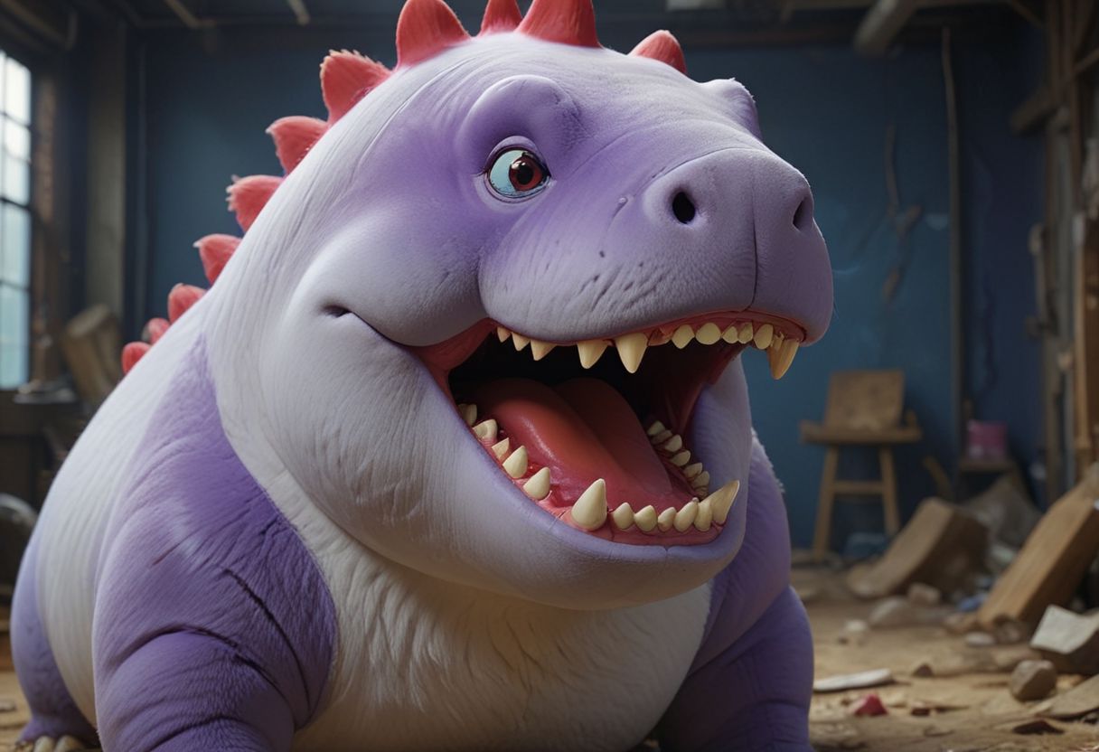 HD, Raytracing, cinematic, sense of scale, 1massive chonkasaurus white, big red round nose, red lipstick, blue eyeshadow, glasgow smile, atmospheric, empty space, colours, blurry background, realistic fur, purple realistic eyes, bloodshot eyes, <lora:chonkasaurus-000003:1>