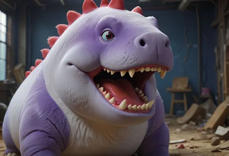 HD, Raytracing, cinematic, sense of scale, 1massive chonkasaurus white, big red round nose, red lipstick, blue eyeshadow, glasgow smile, atmospheric, empty space, colours, blurry background, realistic fur, purple realistic eyes, bloodshot eyes, <lora:chonkasaurus-000003:1>