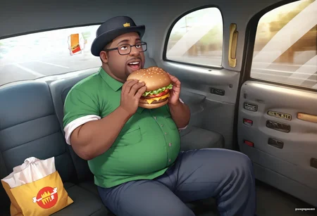 score_9, score_8_up, score_7_up, detailed, <lora:FakeTaxiMeme_XLPD:0.85>, fake taxi, car interior, sitting, ground vehicle, <lora:BigSmoke_XLPD:0.8> BigSmoke, black eyes, dark-skinned male, facial hair, glasses, black headwear, green shirt, pants, fat man, burger, eating burger,happy, sparkle, open mouth, mcdonald's, plastic bag,