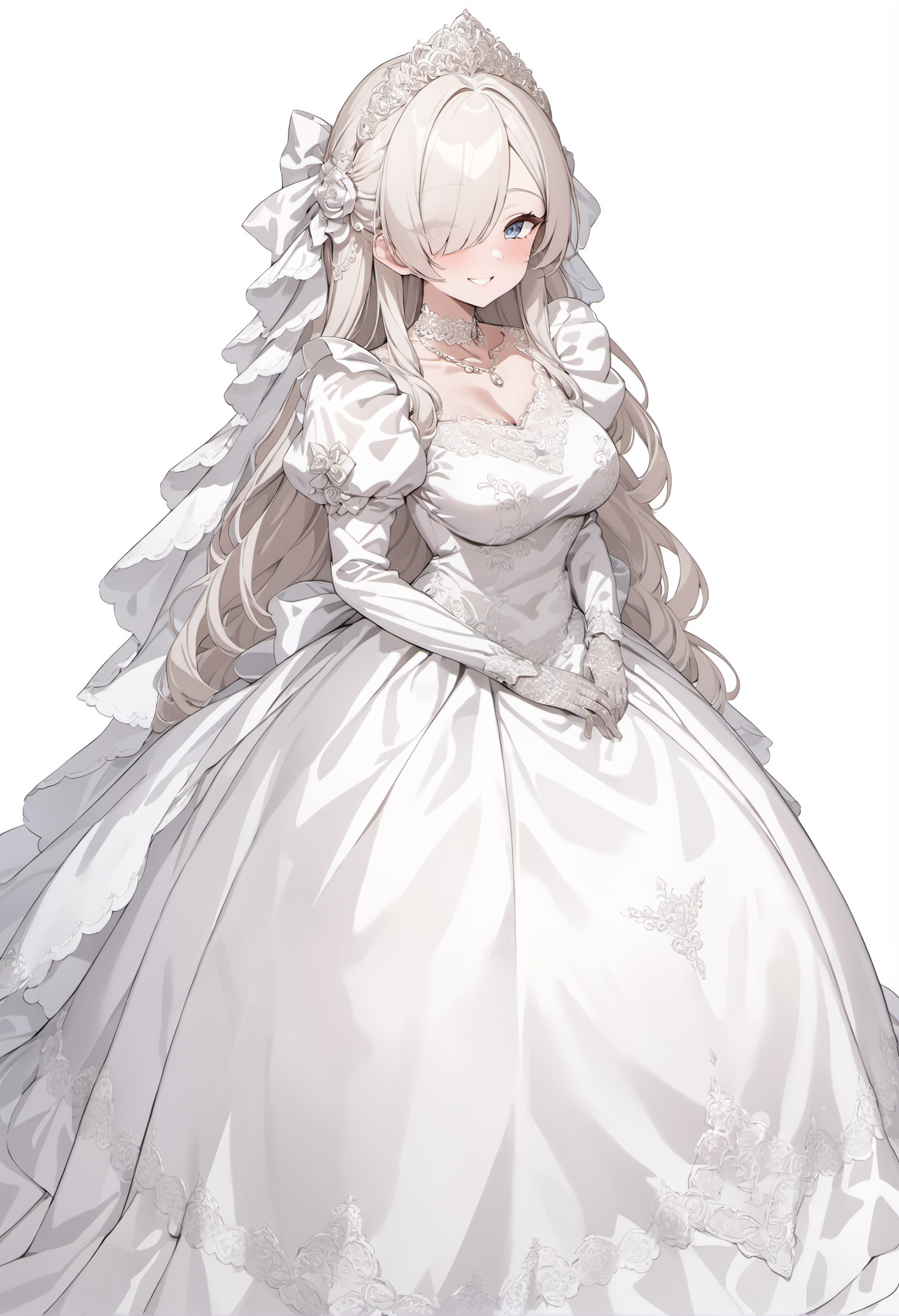 ultra-detailed, masterpiece, best quality, wallpaper, 8k, pixiv,
standing, 
(solo, 1milf, over 30 ages), princess, bride,
smile,
shiny hair, hair over one eye,
tsurime,
over skirt, tiala, bridal vail, (white metalic satin),
(white simple background:1.3), 
<lora:Wedding_Dress_v2:1> wedding dress, , lace trim, choker, necklace, long dress, lace gloves, juliet sleeves, puffy sleeves, long sleeves,