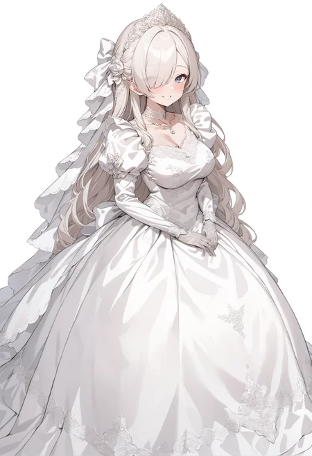 ultra-detailed, masterpiece, best quality, wallpaper, 8k, pixiv,
standing,
(solo, 1milf, over 30 ages), princess, bride,
smile,
shiny hair, hair over one eye,
tsurime,
over skirt, tiala, bridal vail, (white metalic satin),
(white simple background:1.3),
<lora:Wedding_Dress_v2:1> wedding dress, , lace trim, choker, necklace, long dress, lace gloves, juliet sleeves, puffy sleeves, long sleeves,