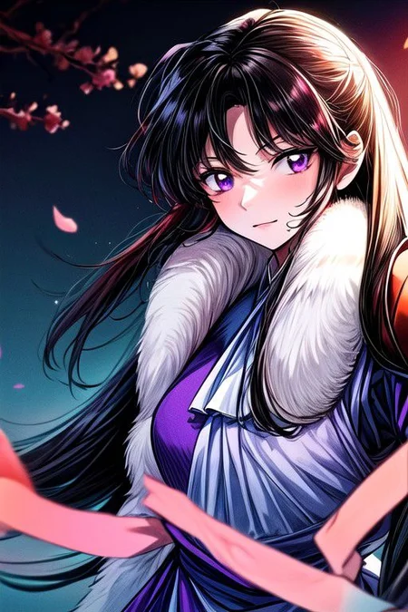 masterpiece, best quality 1girl Setsun4 solo long hair, (night time) forest background black hair very long hair purple eyes multicolored hair armor (fur trim) (medium body),<lora:EMS-179-EMS:0.800000>,<lora:EMS-293862-EMS:0.800000> bow, hair_bow, hair_tubes, red_bow, brown_hair, long_hair, bangs, ascot, frilled_bow, yellow_ascot, blush, smile, hair_between_eyes, athletic