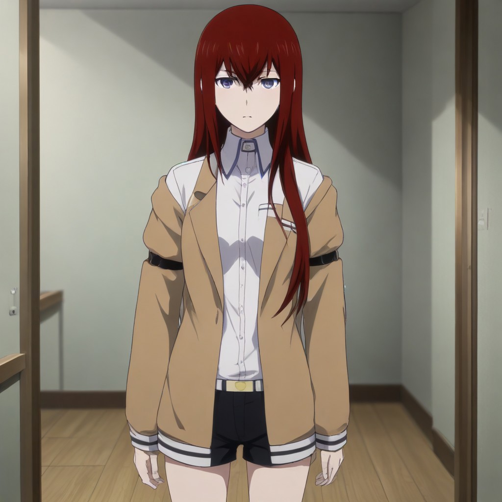 A naughty image of Makise Kurisu standing indoors leaning forward showing cleavage , lab room , partially removed white dress , red hair , jacket , shorts , full-body view