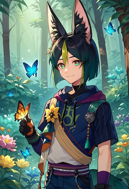 score_9, score_8_up, score_7_up, source_anime, highly detailed,
Tighnari, 1boy, male focus, solo, fox boy, animal ears, animal ear fluff, fox ears, fox tail, multicolored hair, streaked hair, blunt ends, hair between eyes, black hair, green hair, bangs, green eyes, multicolored clothes, hoodie, hood, blue hoodie, drawstring, asymmetrical sleeves, gloves, black gloves, pants, blue pants,
outdoor, rainforest, plants, flowers, bugs, butterfly, upper body, smile, closed mouth,