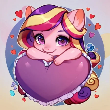 score_9, score_8_up, score_7_up, score_6_up, score_5_up, score_4_up, rating_safe, Princess Cadance, 1girl, anthro, (cute, chibi), ((hugging huge red heart pillow, pillow as big as her torso)), front view, sparkling eyes, smiling, bright colors, chibi style, floating hearts background, minimalist background