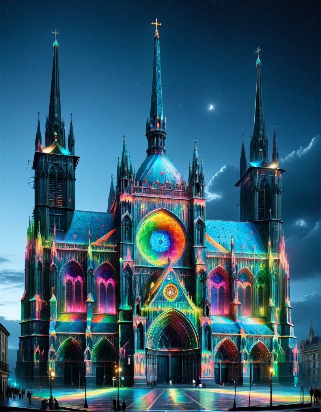 The façade of a Gothic cathedral, with stained glass windows that miraculously emit a divine glow of rainbow ais-nnsplsh under the moon's light. <lora:ais-nnsplsh-sdxl:1>