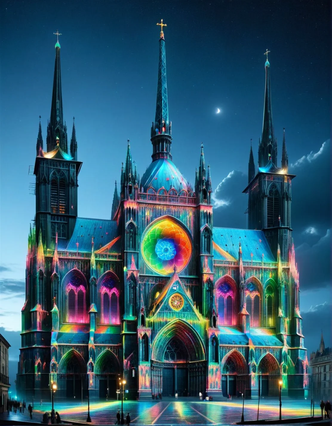 The façade of a Gothic cathedral, with stained glass windows that miraculously emit a divine glow of rainbow ais-nnsplsh under the moon's light. <lora:ais-nnsplsh-sdxl:1>