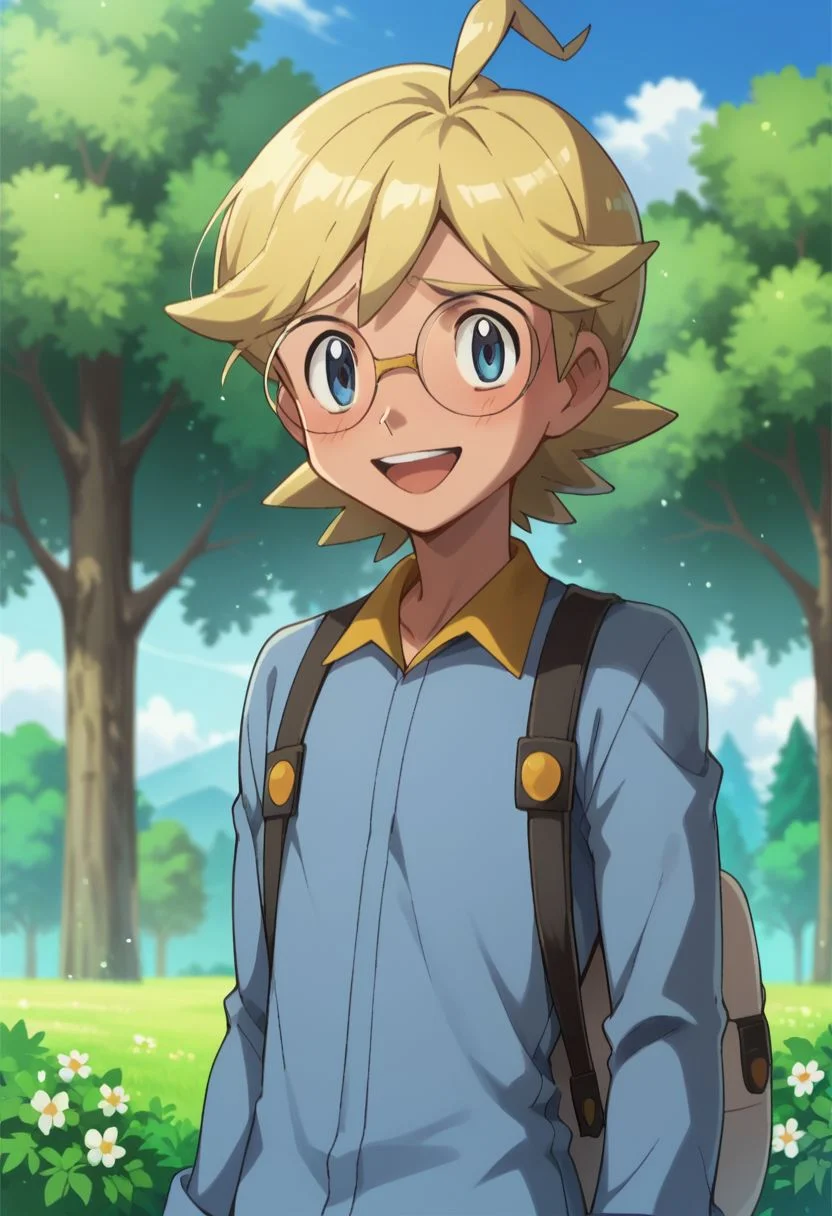 score_9, score_8_up, score_7_up, source_anime, highly detailed, 1boy, solo, male_focus, slender, skinny, cute,
clem_2, jumpsuit, 1boy, blonde hair, male focus, glasses, solo, open mouth, tree, blue eyes, ahoge, blush, shy, smile,