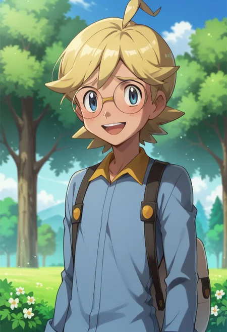 score_9, score_8_up, score_7_up, source_anime, highly detailed, 1boy, solo, male_focus, slender, skinny, cute,
clem_2, jumpsuit, 1boy, blonde hair, male focus, glasses, solo, open mouth, tree, blue eyes, ahoge, blush, shy, smile,