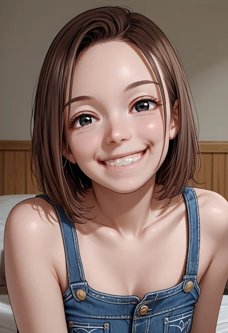 a young woman with a light complexion and a cheerful smile sit on her bed with crop-top and denim short, 1girl, looking at viewer, brown hair, portrait, smile, black eyes, grin