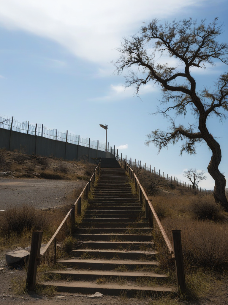 <lora:3DCyberpunkStyle_Hap_XL:1.3>, scenery, outdoors, sky, no humans, building, ,   sign, tree, stairs, fence,  desolate, desolation, no people,,