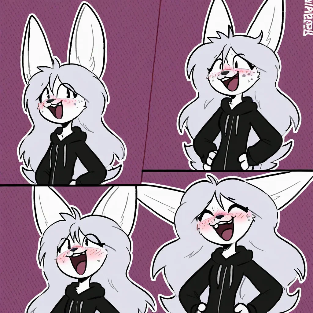 shirt, long hair, bending over, animal ears, freckles, from behind, hands on hips, happy, white fur, open mouth, blush, portrait, on back, black hoodie, dynamic pose, animal nose, furry