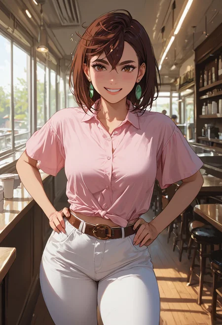 masterpiece,best quality, highly detailed, score_9, score_8_up, score_7_up, score_6_up, hyperrealistic,
 BREAK
 1girl, (((Momo Ayase, sexy, adult, Brown hair, medium hair, brown eyes, thick thighs ))), full breasts, thick thighs,  (((sexy pose, closeup, focus on face, waist up photo, portrait)),
, (((white Pants, brown belt, midriff pink blouse, sandals, closeup, looking at viewer,, drunk, flirty smile)))
(((Standing, hands on hips, , cafe, , paper coffee cup, cute, ))),, coffee shop, morning, by window, shadows, (((sexy setting,view from front, eye level, sunlight on body romantic, hidden))); , , vibrant colors, soft focus, textured surfaces, depth of field, dim, rich details,,background, (((solo)))