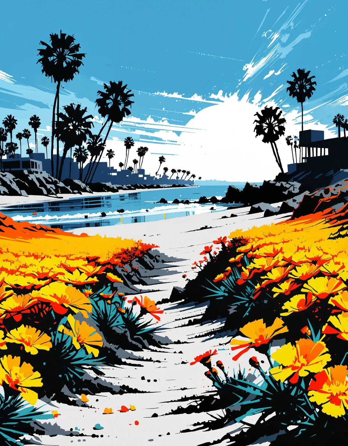 zavy-ngtvpnt, negative space, minimalism, painting, beach, landscape of a (Los Angeles:1.2) and Marigolds, it is Jagged, Clear skies, Cyber Noir, four colors, cybernetic, sunny, complimentary colors, holy, stunning detail, unique, intricate