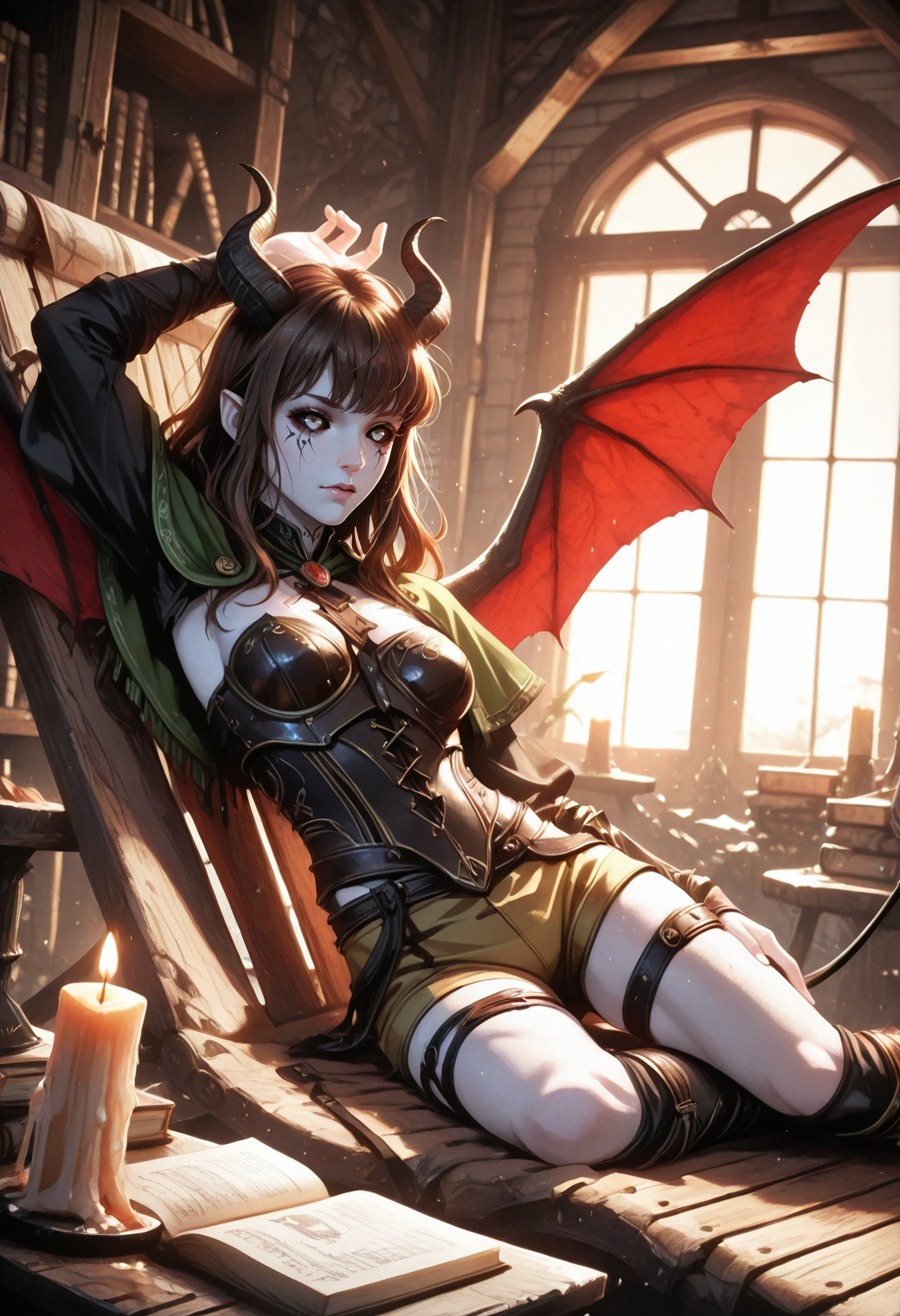realistic, very awa, ambient occlusion, ray tracing, [sei shoujo], [yoshiten], [takeuchi_takashi], [libbyframe], style parody, [bang_dream!], [arcane:_league_of_legends], [league_of_legends], saturated, colorful, (dynamic angle:1.3), (cowboy shot:1.2) BREAK 1girl, solo, <lora:tiefling:0.7> tiefling, pointed ears, horns, tail, (black sclera:1.2), blank eyes, <lora:w1ngsXLP:0.4> w1ngs, demon wings, deep brown hair, bangs swept to the side hair, grey eyes, intricate tattoo, (white skin:1.2), toned body, medium breasts, perfect hands, colored lips, (joyful), BREAK barbarian, wearing long sleeved green_yellow cotton cape, (detailed deep grey_yellow leather armor bustier), breastplate, deep orange_brown fleece shorts, solleret, fur-trimmed kneehighs, thigh straps, winged helmet, <lora:Barbarian_Outfit:0.7> B4rbarian, fur trim BREAK medieval, fantasy, indoors, comfortable tower, wood floors, traditional furniture, library, candles, frosted glass windows, barren mountains outside window, book stacks,lounge chair, reclining, sitting, yokozuwari , one arm over head, against bookshelf, summer, sunset, soft light, long shadows, dynamic lighting BREAK <lora:reij-detaILer:0.9> <lora:light-000167:0.6> <lora:onespeg_art_style:0.7> 0n3sp3g <lora:yazloba_darkfantasy_v.2:0.6> yazloba_dark_fantasy