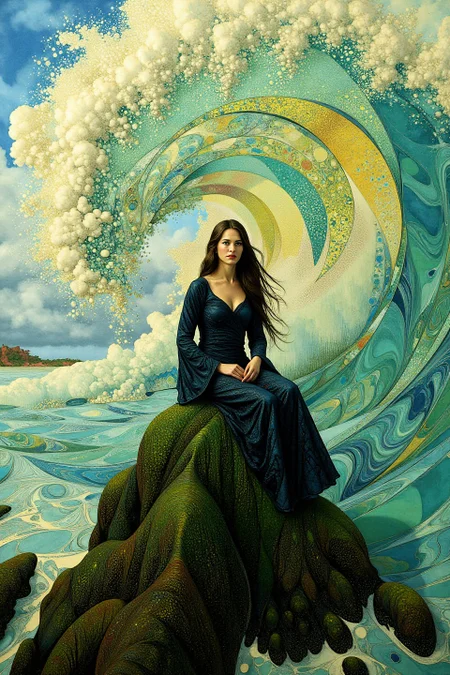 Medieval themed artwork depicting black-toned Ukrainian ancient female siren sitting on a dark green rock in the midst of crashing waves, futuristic, intricate white and yellow recursion, impossible, billowing bright dust, very detailed. The overall feel of the image is painterly. Additionally the image incorporates elements of mixed media including flowing lines drawn with fine pens and appliqued silverleaf. The general effect is of timeless fine art elegance. <lora:midjourney_whisper_chromaplex_v1:0.7> <lora:BookOfKells-Rapid:0.6> <lora:Paper_Marbling_Flux:0.6>