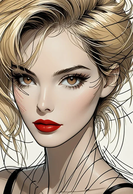 masterpiece,best quality,amazing quality, mature, clean lines, subtle lighting, bold outlines, cel shading, very aesthetic, absurdres, newest, Patrick Nagel inspired,
1girl, medium shot, closeup, portrait, black and white drawing, blonde hair flat colors, solo, brown eyes, red lips, feminine, (ScribbleRay:1.5),