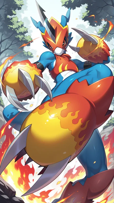 masterpiece,best quality,amazing quality, absurdres, <lora:IlluFlamedramon:0.8> illuflame, digimon (creature), claws, red eyes, tail, no humans, single horn, helmet, solo, 1boy, outdoors, fighting stance, fire, foreshortening, kicking, knee up,