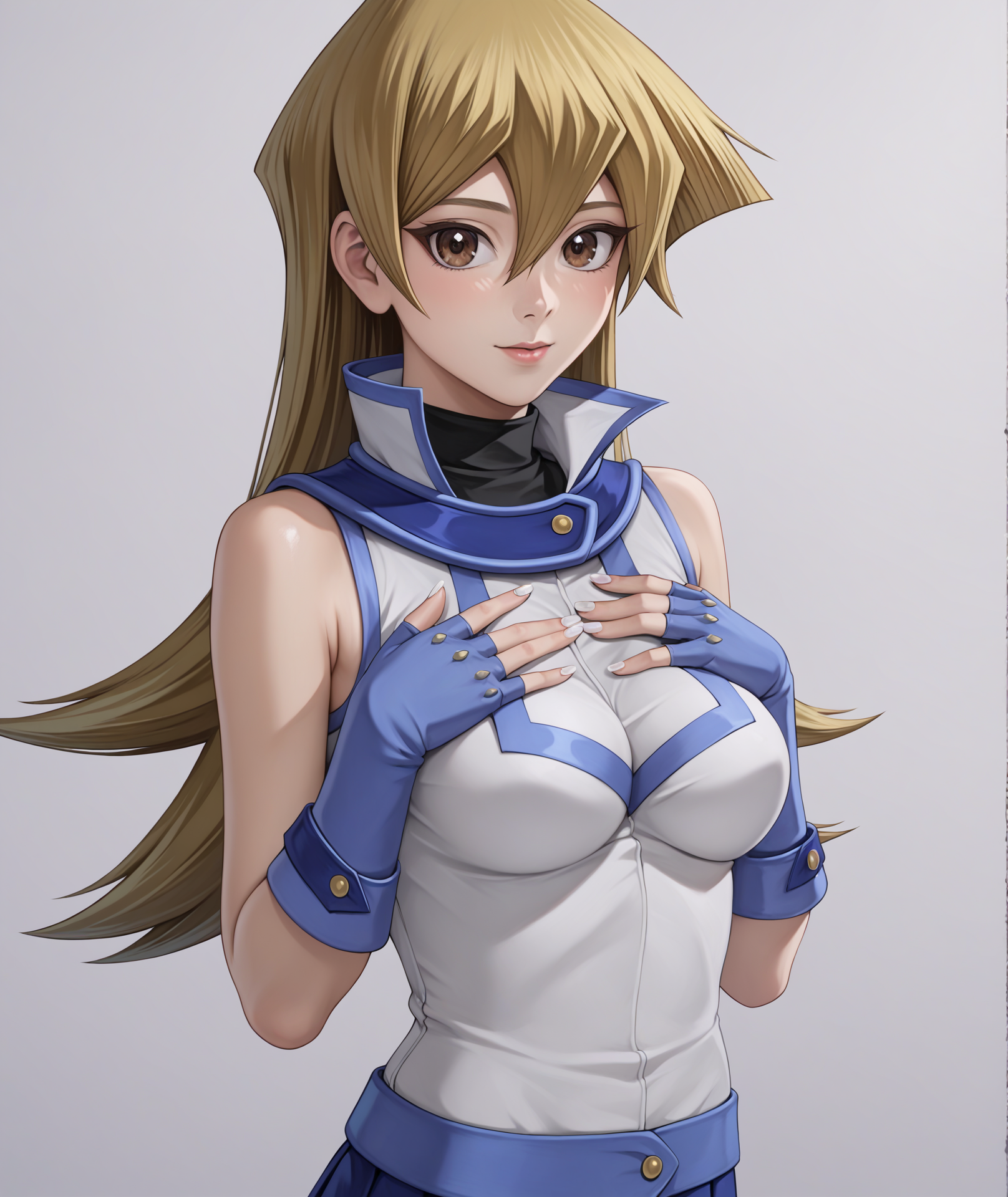 score_9, score_8_up, score_7_up, source_anime, highres, hi res, realistic, photorealistic, 2d, best quality, masterpiece, intricate details, official style, anime, 4k, anime style,
1girl, solo, female, brown eyes, long hair,  blonde hair, brown hair, hair between eyes, straight hair,
breasts, medium breasts, shiny skin, nail polish, fingernails, white nails,
shirt, skirt, gloves, bare shoulders, school uniform, white shirt, sleeveless, miniskirt, fingerless gloves, blue skirt, sleeveless shirt, turtleneck, blue gloves, duel academy uniform \(yu-gi-oh! gx\), tenjouin asuka, yu-gi-oh!,
hands on own chest, cowboy shot, looking at viewer, simple background, white background, gradient background, <lora:Asuka1024_Pony:1>