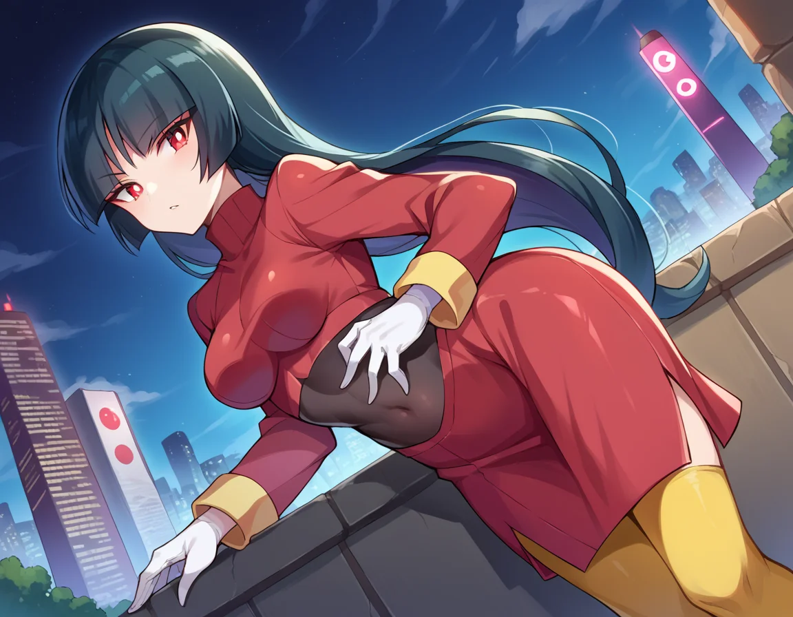 score_9, score_8_up, score_7_up, source_anime,
pokemonsabrina, <lora:pokemon-sabrina-ponyxl-lora-nochekaiser:1>
pokemonsabrina, black hair, long hair, bangs, blunt bangs, red eyes, hime cut, sidelocks, white pupils,
jacket, crop top, bodysuit, covered navel, midriff, red jacket, turtleneck, side slit, gloves, white gloves, long sleeves, pantyhose, skirt, red skirt, boots, red boots, socks, yellow socks, knee socks,
outdoors, cityscape, bent over,
looking at viewer, cowboy shot, dutch angle,