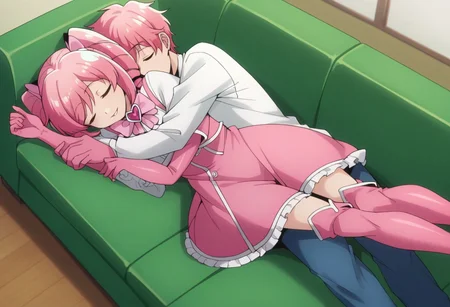 score_9, score_8_up, score_7_up, <lora:mahou_shoujo_ni_akogarete_-_hanabishi_haruka:1>, haruka, twintails, pink_hair, drill_hair, green_eyes, pink_gloves, elbow_gloves, long_sleeves, pink_dress, hair_ornament, pink_bowtie, jewelry, thigh_boots, pink_footwear, sleeping, lying, on couch, from_above, dutch_angle, , smile, parted_lips, head_tilt, indoors, living room, hugging 1boy, cuddling,