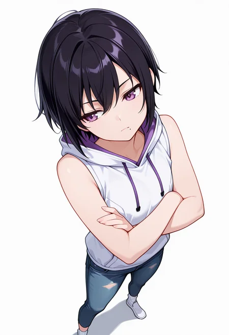 masterpiece,high quality details, absurdres, 
standing, arms crossed, head tilt, serious, balanced stance, confident,  ,
<lora:kuro:0.8> kuro_cnr, 1girl,black hair, short hair, purple eyes, mole under mouth, androgynous,, ^ ^,, simple background, white background, from above,solo,, doctor coat  ,sleeveless hoodie,patched jeans,  ,tube socks,