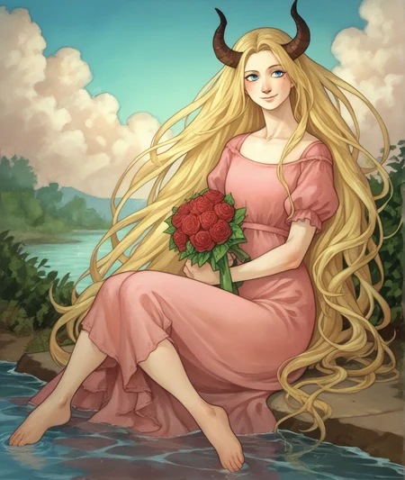 score_9, score_8_up, score_7_up, score_6_up,
BREAK
1girl, flower, blonde hair, rose, barefoot, long hair, water, painting, (((medium))), traditional media, dress, sitting, very long hair, cloud, sky, watercolor, horns, solo, horse, bouquet, blue eyes, smile
<lora:RGv2:1>
