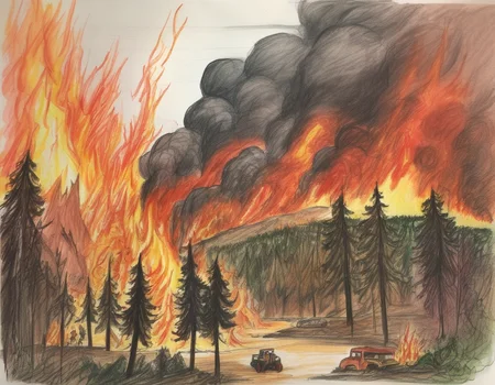 A dramatic and intense scene of a forest fire in the deep mountains, depicted as a hellish inferno. The fire rages with towering flames, thick smoke, and glowing embers, consuming trees, bushes, and the landscape. The perspective might include a terrified observer or wildlife fleeing the scene, adding to the chaos and urgency. The scene should be as vivid and detailed as a high-resolution painting or illustration, with harsh and dramatic lighting that emphasizes the destructive power of the fire, the heat, and the apocalyptic atmosphere, <lora:crayons_v1_sdxl:0.75>