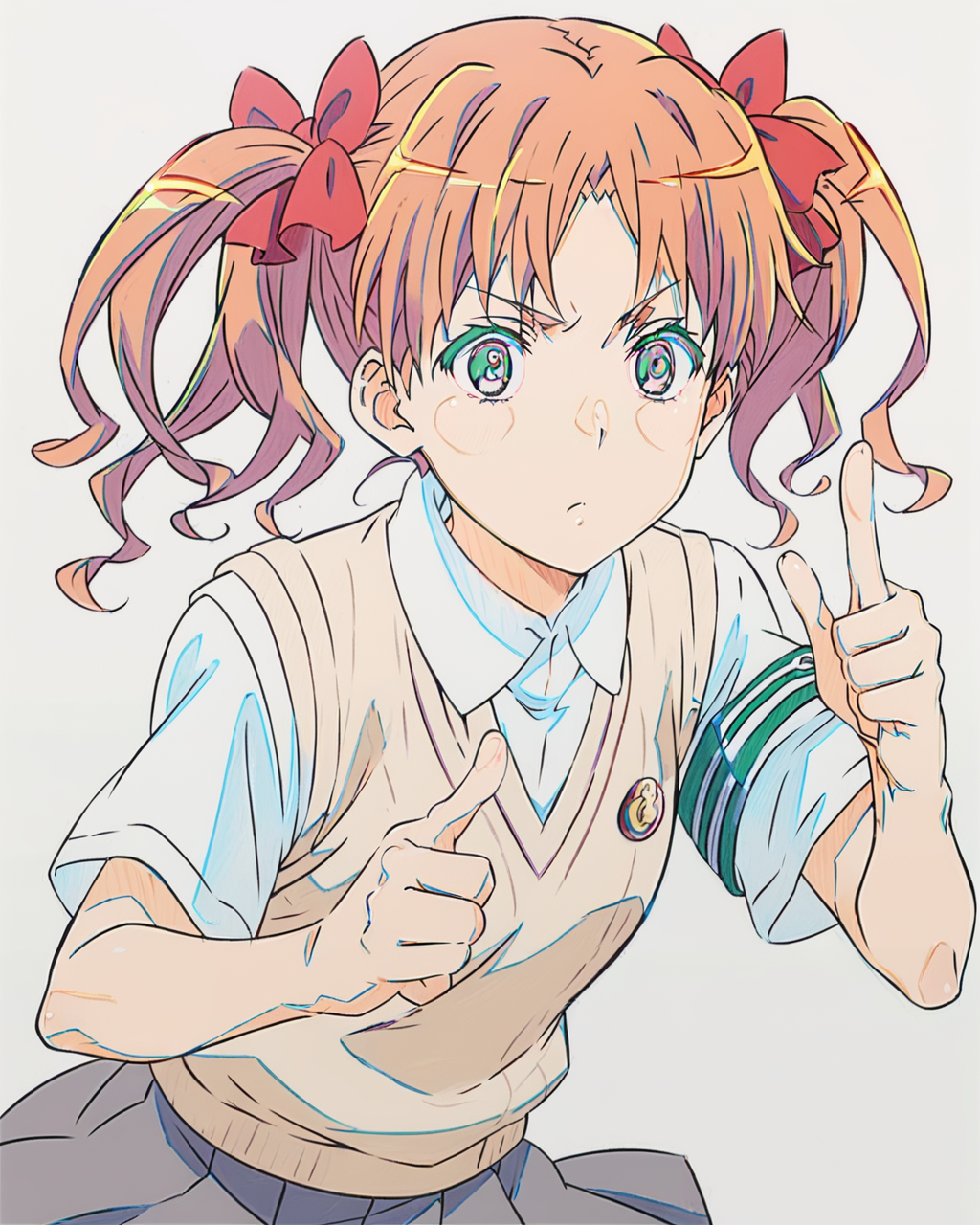 score_9, score_8_up, score_7_up, score_6_up, score_5_up, score_4_up, source_anime, screenshots, color trace, white background, simple background  <lora:OriginalAnimeColorTrace_pdxl_ftlmex:1>  
 <lora:kuroko-shirai-s3-ponyxl-lora-nochekaiser:0.8> kuroko shirai, , long hair, parted bangs, , ringlets, twintails, hair bow, bow, bow,armband, skirt, collared shirt, dress shirt, pleated skirt, safety pin, school uniform, shirt, short sleeves, skirt, summer uniform, sweater vest, tokiwadai school uniform, twintails, shirt, sweater vest,1girl, solo, pointing,