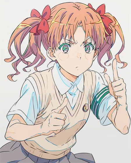 score_9, score_8_up, score_7_up, score_6_up, score_5_up, score_4_up, source_anime, screenshots, color trace, white background, simple background  <lora:OriginalAnimeColorTrace_pdxl_ftlmex:1>  
 <lora:kuroko-shirai-s3-ponyxl-lora-nochekaiser:0.8> kuroko shirai, , long hair, parted bangs, , ringlets, twintails, hair bow, bow, bow,armband, skirt, collared shirt, dress shirt, pleated skirt, safety pin, school uniform, shirt, short sleeves, skirt, summer uniform, sweater vest, tokiwadai school uniform, twintails, shirt, sweater vest,1girl, solo, pointing,