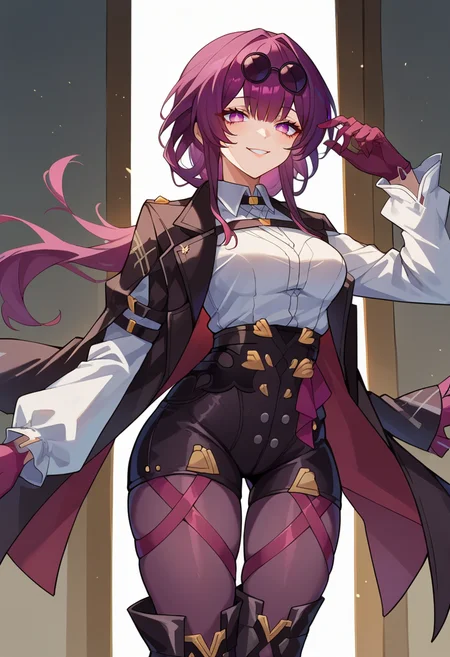 score_9, score_7_up, source_anime, solo, come hither, smile, cowboy shot, BREAK   <lora:kafka_pd_t4:1> kafkapd, no pupils, bangs, purple hair, purple eyes,  eyewear on head, collared shirt, gloves, jacket, pantyhose,asymmetrical legwear,single thigh boot,black shorts