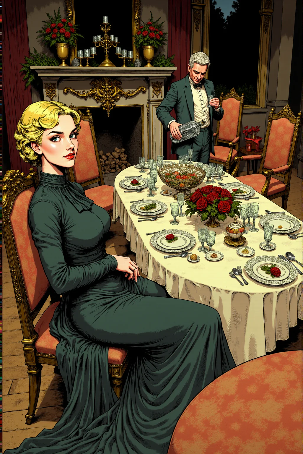 <lora:FANCHA_v.4:0.85> Fancha style. This illustration portrays the aftermath of a lively dinner party, capturing a scene of quiet revelry and satisfaction. The setting is an elegant dining room with intricate details, from patterned dark red curtains to a grand fireplace adorned with a gold candelabra and decorative flower arrangements. A long, elaborately set dining table dominates the center, now cluttered with empty dishes, glasses, bottles, and a large crystal punch bowl, suggesting a feast that has just concluded. Some chairs have been stacked on each other, while others sit slightly askew around the table, adding to the sense of relaxed disorder. In the foreground, a young woman in a dark gray, glossy, stylish high neck adorned with a bow gown leans back against the table, her posture relaxed, with an expression of contentment and amusement. Her elegantly coiffed platinum blonde hair and confident pose convey a sense of sophistication and ease. Across the table, a man in a formal dark blue suit pours himself a final drink, seemingly savoring the end of the evening with a satisfied smile. His slightly disheveled appearance suggests that formalities have been cast aside as the guests wind down. The cross-hatched shading and fine linework give the scene a vintage, theatrical quality, enhancing the contrast between the refined setting and the informal atmosphere. This scene captures a sense of warmth and camaraderie, where the hosts or remaining guests linger to enjoy the final moments of the evening, basking in the afterglow of a successful gathering. The overall tone is one of comfort, companionship, and the timeless pleasure of good company.