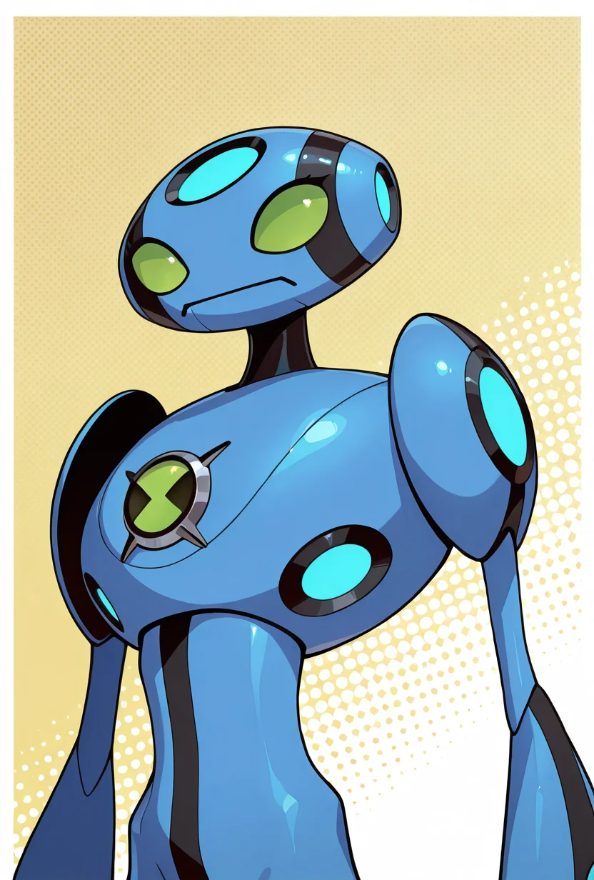 <lora:ulteco-10:1> ulteco, pokemon (creature),blue robot, green eyes, closed mouth,, masterpiece, best quality, amazing quality, very aesthetic, absurdres, newest,, upper body, halftone effect, white borders, abstract background:1.2,