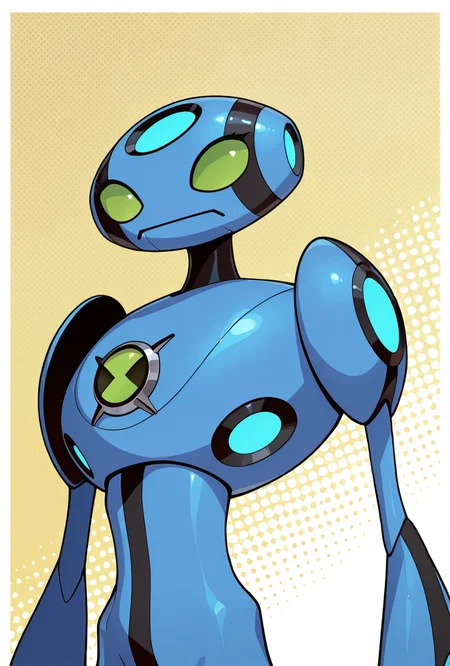 <lora:ulteco-10:1> ulteco, pokemon (creature),blue robot, green eyes, closed mouth,, masterpiece, best quality, amazing quality, very aesthetic, absurdres, newest,, upper body, halftone effect, white borders, abstract background:1.2,