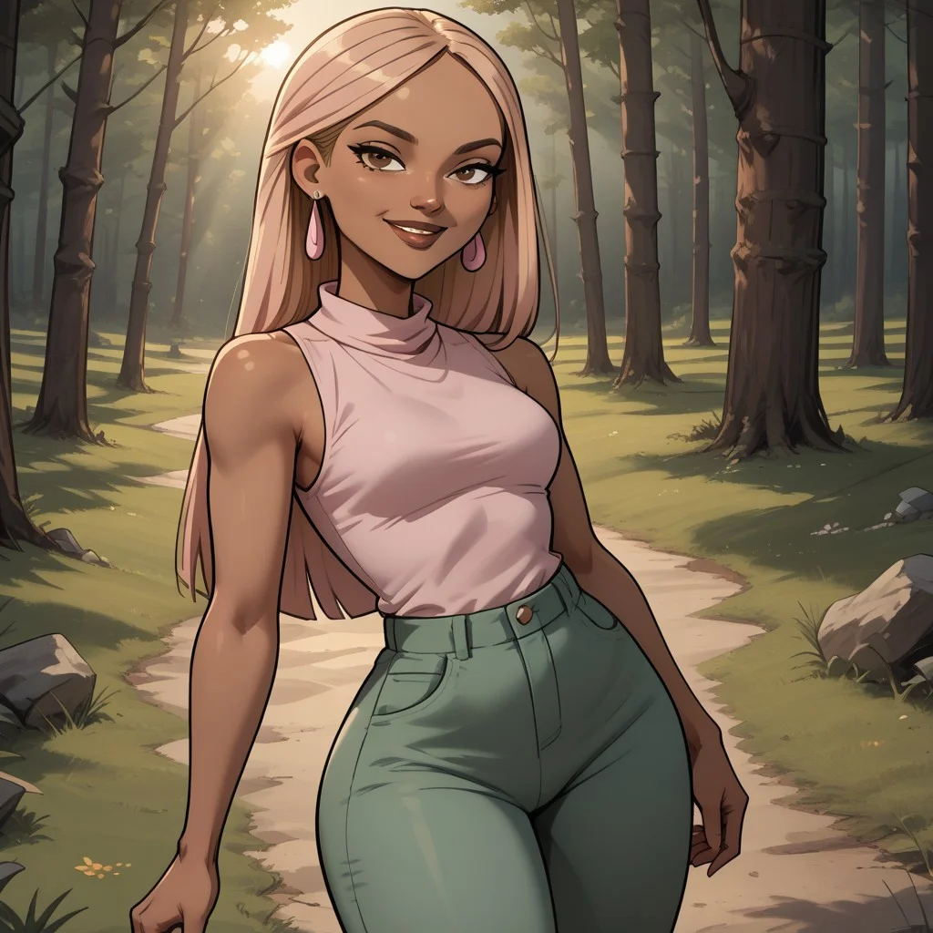 score_9, score_8, BREAK, solo, dark blonde hair, brown eyes, brown lips, lipstick, light pink sleeveless shirt, green pants, light pink footwear, earrings, dark skin, total drama, Nichelle_(Total_Drama), breasts, dark skin female, sexy pose, smile, outdoors, sunlight, shadows, evening lighting, natural lighting, forest, trees, grass, orange sky, sunset
